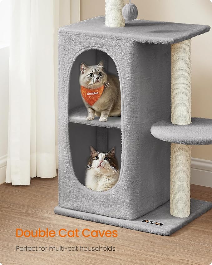Feandrea Cat Tree Tower with 2 Caves for Multi-Cat Households, Kittens, Scratching Posts, Light Gray UPCT005G01