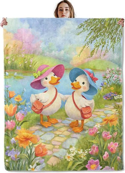 Duck Friends Blanket, Soft Cozy Lightweight Cute Ducks in Hats with Colorful Flowers Throw Blanket for Women Girls Kids, Sofa Couch Bed 40x50 Inch Flannel Blankets for Travel Decor Gifts