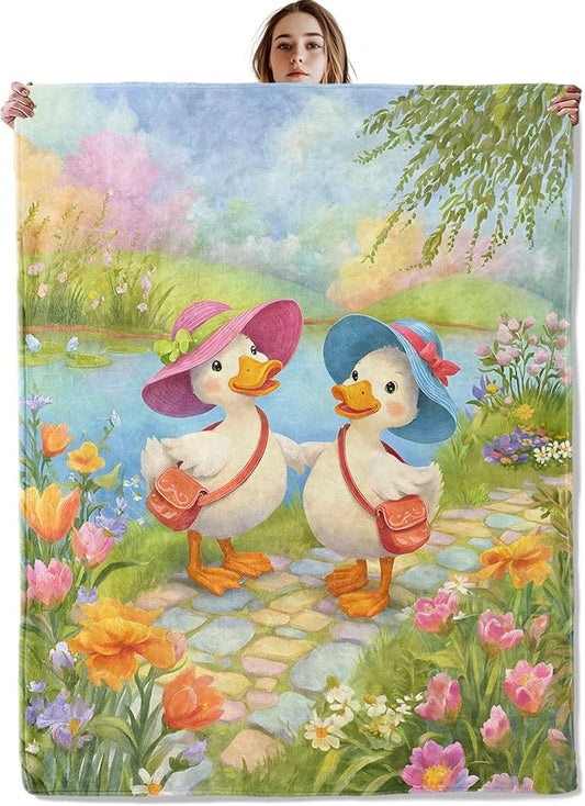 Duck Friends Blanket, Soft Cozy Lightweight Cute Ducks in Hats with Colorful Flowers Throw Blanket for Women Girls Kids, Sofa Couch Bed 40x50 Inch Flannel Blankets for Travel Decor Gifts