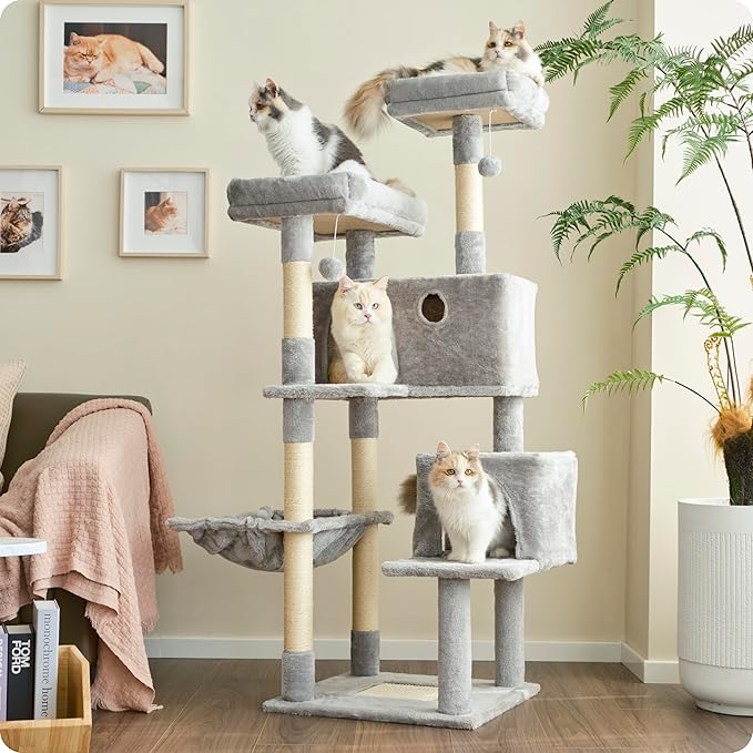 Ouritsu Cat Tree, 57 inch Cat Tower for Large Cat Indoor, 2 Top Perches with 1 Widened, 2 Condos with 1 Enlarged, Steel Frame Hammock, Scratching Posts and Scratching Pad, Light Gray, LF003GA