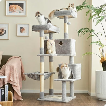 Ouritsu Cat Tree, 57 inch Cat Tower for Large Cat Indoor, 2 Top Perches with 1 Widened, 2 Condos with 1 Enlarged, Steel Frame Hammock, Scratching Posts and Scratching Pad, Light Gray, LF003GA