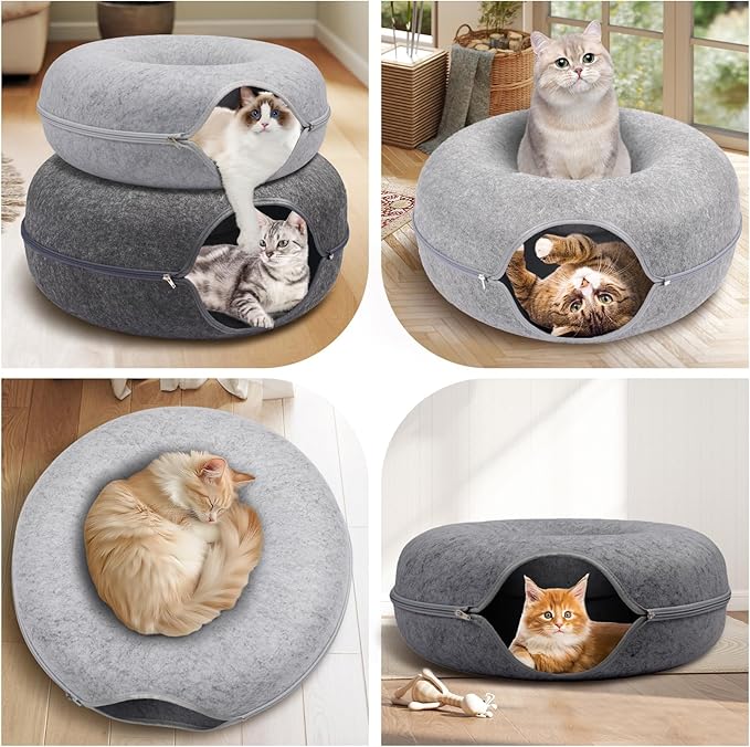 Cat Caves for Indoor Cats, Large Cat Tunnel for Multiple & Large Cats, Scratch Detachable Cave Bed, Kitten Donut Kitty Hideaway Up to 45 Lbs