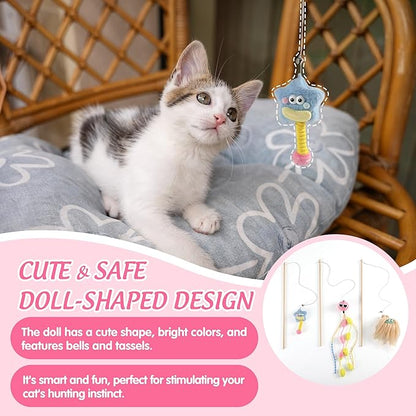 Elastic Cat Wand Toy Funny Interactive Plush Cat Fishing Pole Toy with Bell Soft Natural Wood Kitten String Toys for Indoor Cats Kittens Bored Cats (3 Pack)