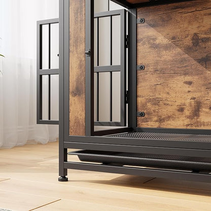 32.8 Inch Wooden Dog Crate Furniture,Indoor Pet Kennel with 2 Sliding Doors,Pull-Out Tray,Stylish Design for Home Decor,Rustic Brown