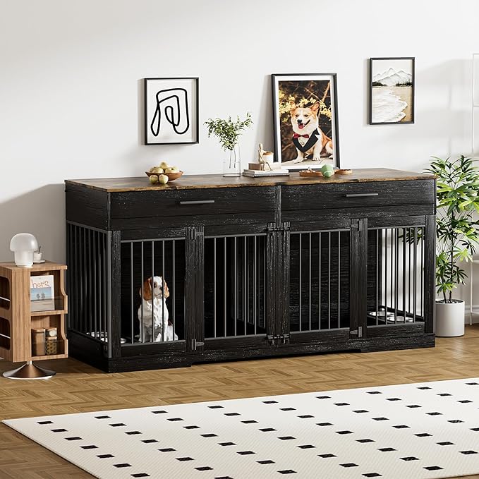 Rophefx 72" Dog Crate Furniture for 2 Dogs, Large Dog Kennel Furniture with 2 Storage Drawers and 4 Bowls, Wooden Dog Cage with Removable Divider, Indoor Dog House TV Stand for Medium Dog, Black