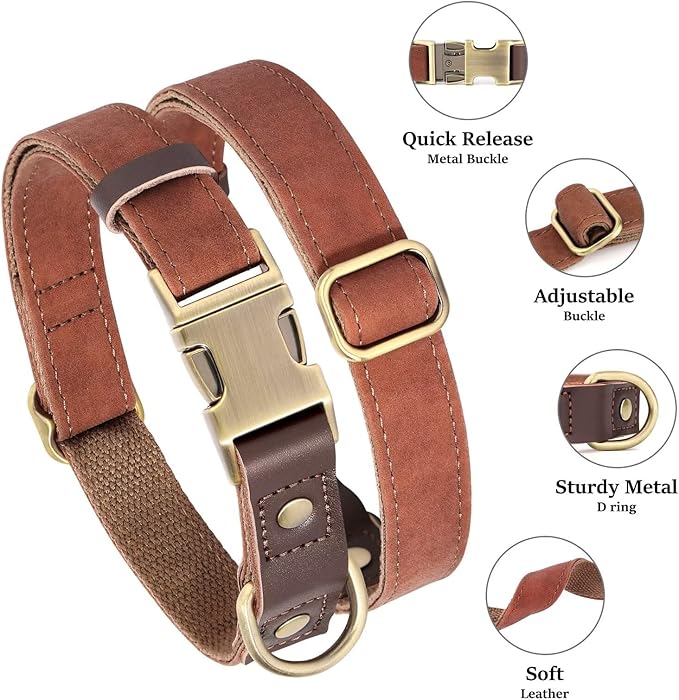 Didog Soft Padded Leather Dog Collars for Small Dogs, Classic Heavy Duty Dog Collar with Quick Release Metal Buckle, Adjustable Small Dog Collar Leather,Brown,S