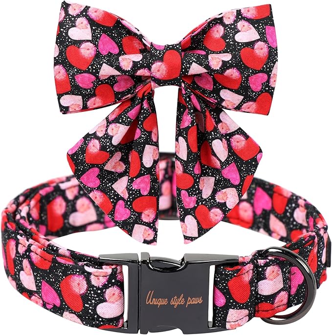 Unique Style Paws Valentine's Day Dog Collar with Bow Colorful Heart Love Dog Collars for Small Medium Large Dog New (S, Black Bowtie)