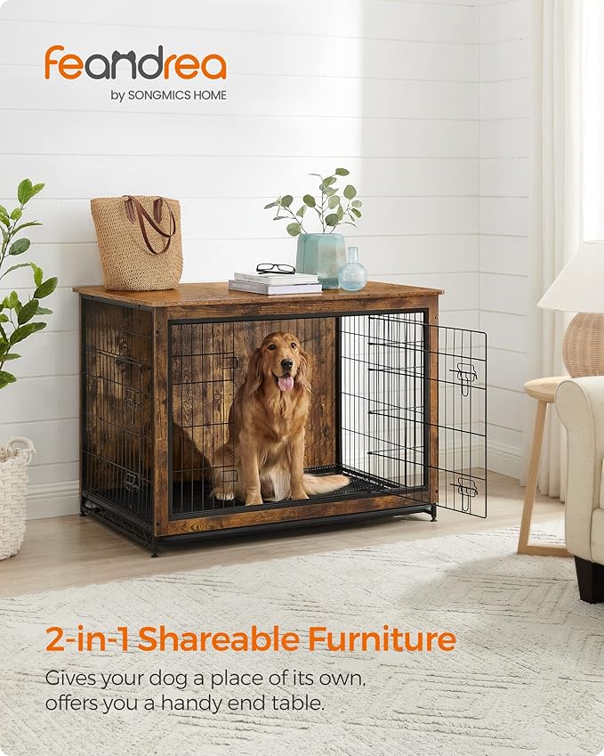Feandrea Dog Crate Furniture, 44.1" Side End Table, Modern Kennel for Dogs Indoor up to 80 lb, Heavy-Duty Dog Cage with Multi-Purpose Removable Tray, Double-Door Dog House, Rustic Brown UPFC004X01