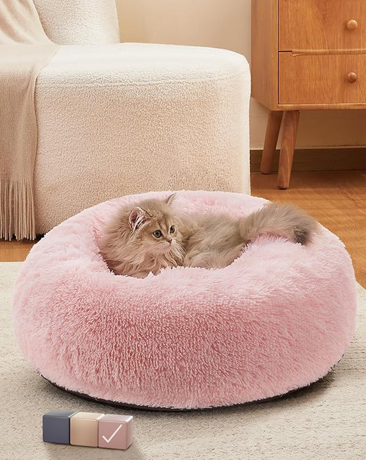 OhGeni Calming Donut Cat Beds For Indoor Cats, Machine Washable Plush Warming Bed For Kitten & Puppy, Anti-Slip Round Cuddle Comfort Pet Bed, Cozy Fluffy Fur Bed for Small Cats & Dogs, Pink, 20 inches