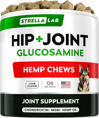 Advanced (Hemp+Glucosamine) Joint Treats for Dogs - Hip & Joint Supplement w/Chondroitin, Omega-3, MSM - Hemp Chews for Dogs Hip & Joint Pain Relief - Hip & Joint Care - Lamb Flavor - 120Ct