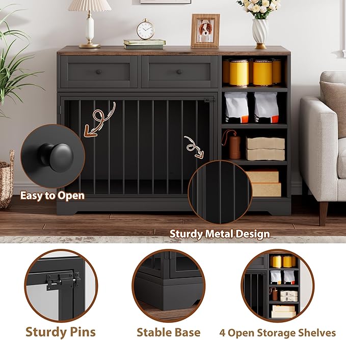 Dog Crate Furniture 47, Large Dog Crate TV Stand with 2 Drawers and 4 Shelves, Wooden Dog Kennel Indoor, Decorative Dog Cage with Storage for Large Dogs, Black