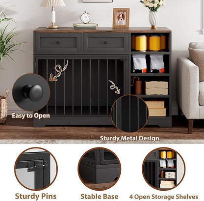 IDEALHOUSE 47” Large Dog Crate, Dog Kennel Indoor with 2 Drawers and 4 Shelves, Dog Crate Furniture TV Stand, Wooden Dog Cage for Medium Large Dogs, Black