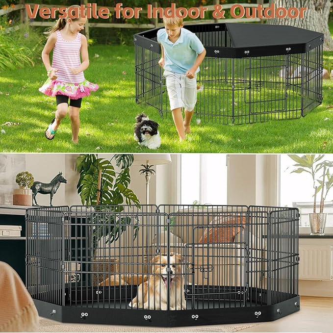 24__ Dog Playpen, 8 Panels Dog Pens with Bottom Pad, Metal Foldable Pet Puppy Exercise Fence Crate Kennel, Indoor Outdoor Escape Proof Pen for Small Medium Pets (with Bottom pad)