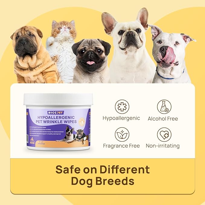 HICC PET Wrinkle Wipes for Dogs- 100 Count Hypoallergenic Wrinkle Wipes French Bulldog, Cleans Deodorizing, Anti-Itch Tear Stain Remover, Vet-Recommended Dog Face Wipes Great for Pug, English Bulldog