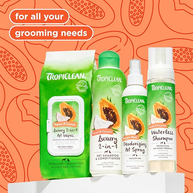 TropiClean 2-in-1 Dog Shampoo and Conditioner, Moisturizing Dog Detangler, Puppy Safe, Made in the USA, Papaya Scent, Cat & Kitten Safe, 20oz.