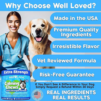 Calming Chews for Dogs - Dog Calm Treats, Made in USA, Vet Recommended, Behavior Support with Melatonin & Hemp, Stress, Separation, Fireworks, Travel, Extra Strength