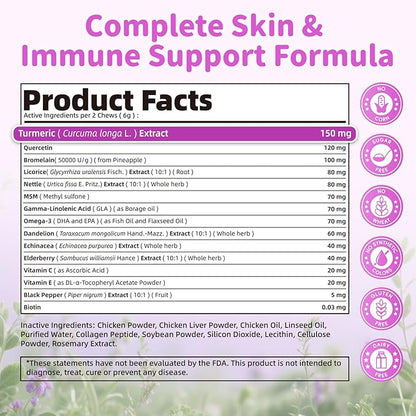 Dog Allergy Relief Chews, Itch Relief for Dogs – Turmeric & Omega-3 Supplements for Skin Comfort, Coat Health & Seasonal Support, Immune Care with Biotin & Quercetin – Chicken Flavor, 90 Count