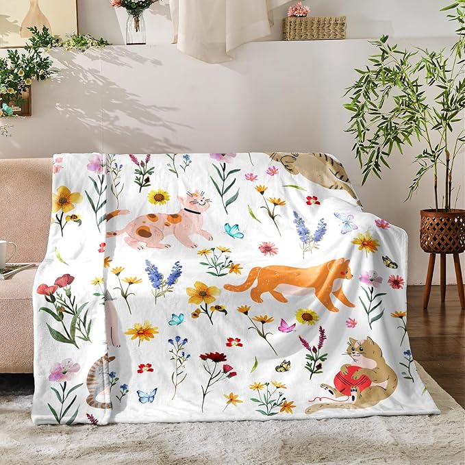 Floral Throw Blanket Birthday Gift for Women Mom Girls Kids Cat Lover Cat Flower Blanket Summer Wildflower Flannel Blanket Watercolor Printed Throw for Couch Sofa Bed Chair 50"x60"