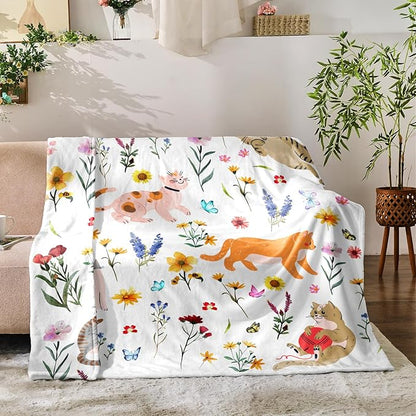 Floral Throw Blanket Birthday Gift for Women Mom Girls Kids Cat Lover Cat Flower Blanket Summer Wildflower Flannel Blanket Watercolor Printed Throw for Couch Sofa Bed Chair 50"x60"