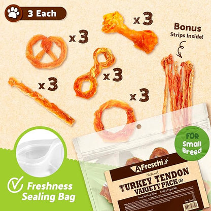 Afreschi Turkey Tendon Dog Treats, 8 oz Variety Pack (for Small Breeds), Turkey Sourced from USA, All Natural Puppy Chew, Hypoallergenic, Rawhide Alternative
