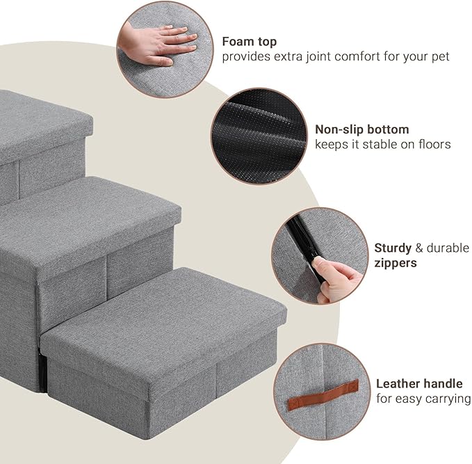 JOLLYVOGUE Dog Steps for Small Dogs, Cat Stairs with Storage, Non-Slip Dog Steps for Beds Couches, Foldable Pet Stairs Helper for High Beds, Dog Ramp for Small Cats, 3-Tiers, Hold Up to 200 lbs