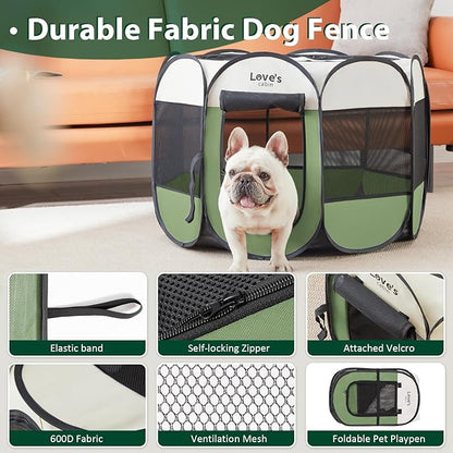 Love's cabin Pet Puppy Dog Playpen, Medium Dog Tent Crates Cage Indoor/Outdoor, Portable Playpen for Cat, Foldable Pop Up Dog Kennel Playpen with Carring Case, Removable Zipper Top, Olive Green