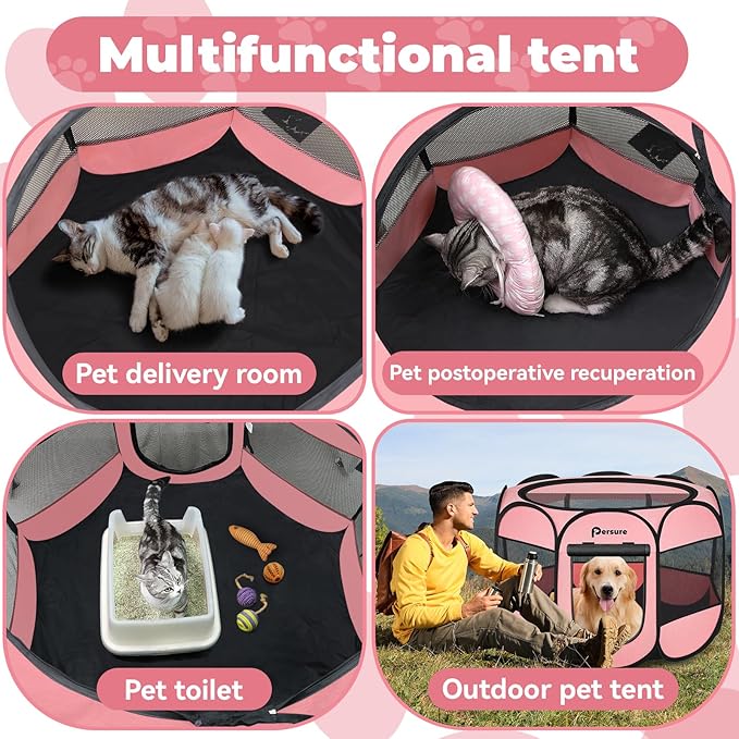 Dog Cat Playpen Indoor Outdoor for Puppy Pet Cat Recovery After Surgery, Dog Tent Crates Cage Indoor/Outdoor, Portable Pop Up Dog Kennel with Carrying Case for Travel (Premium Pink, Large)