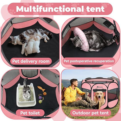 Dog Cat Playpen Indoor Outdoor for Puppy Pet Cat Recovery After Surgery, Dog Tent Crates Cage Indoor/Outdoor, Portable Pop Up Dog Kennel with Carrying Case for Travel (Premium Pink, Large)