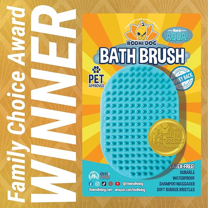 Bodhi Dog Hair Brush & Shampoo Bundle - Rubber Grooming Brush for Cats & Dogs - Gentle Scrubber for Long & Short Hair - Waterless Shampoo for Sensitive Skin & Bath Brush Set (Aqua)