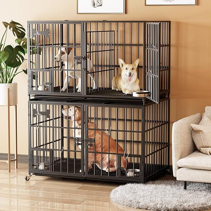 aboxoo 48 inch Stackable Heavy Duty Metal Dog Crate for 4 Dogs/Large Dog,All Metal Open Top Access,Escape Proof Cage,Dog Kennel Indoor with Wheels,Floor Grid, Tray, Divider and Feeding Bowl