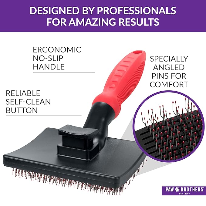 Paw Brothers Self Cleaning Slicker Brush for Dogs and Cats, Dog Brush for Shedding, Slicker Comb for Long Short Haired Pets, Deshedding, Cat Grooming Tool, Large