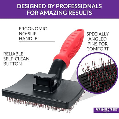 Paw Brothers Self Cleaning Slicker Brush for Dogs and Cats, Dog Brush for Shedding, Slicker Comb for Long Short Haired Pets, Deshedding, Cat Grooming Tool, Large
