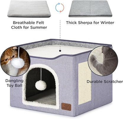Bedsure Cat Beds for Indoor Cats - Large Cat Cave for Pet Cat House with Fluffy Ball Hanging and Scratch Pad, Foldable Cat Hideaway, 16.5x16.5x13 inches, Cloud Purple