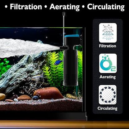AquaMiracle Submersible Aquarium Filter 3-Stage in-Tank Filter with Dual Water Outlet & Aeration, Water Flow Adjustable 225GPH Internal Fish Tank Filter for 20-70 Gallon Aquariums