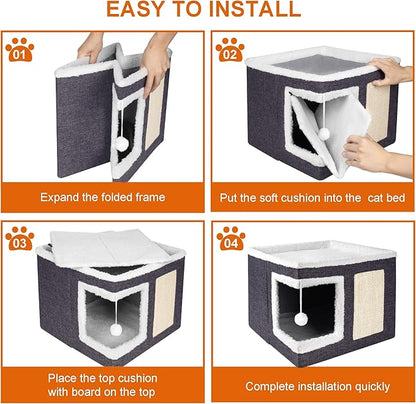 Cat Houses for Indoor Cats - Large Cat Bed Cave with Scratch Pad and Fluffy Ball, Foldable Cat Condo Hideaway with Reversible Cushion for Multi Small Pet, Dark Grey