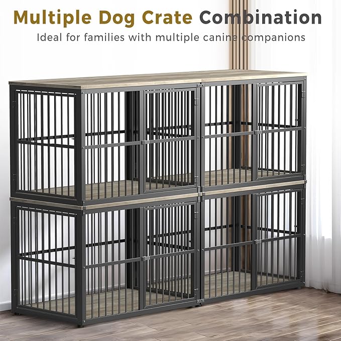 43'' Stackable Dog Crate Furniture Large Breed with Double Rooms,Wooden Dog Crate Heavy Duty Dog Kennel Indoor with Removable Divider for Small to Medium Dogs, Can Use Separately