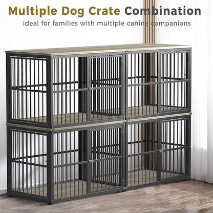 43'' Stackable Dog Crate Furniture Large Breed with Double Rooms,Wooden Dog Crate Heavy Duty Dog Kennel Indoor with Removable Divider for Small to Medium Dogs, Can Use Separately