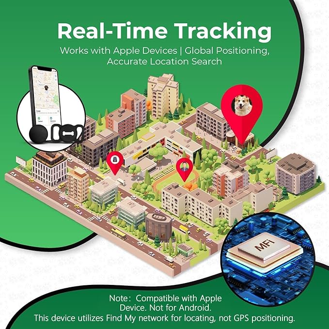 Dog Tracker, Pet Location Tracker with Collar Holder, Dog Tracking Device No Monthly Fee MFi Certificated, Works with Find My (iOS Only) - Black Case