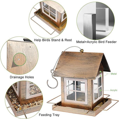 Bird Feeders, Heavy Duty Metal Bird Feeder for Outdoors Hanging, Weatherproof Large Capacity Wild Birdfeeder for Outside Garden Yard, Country House Shape