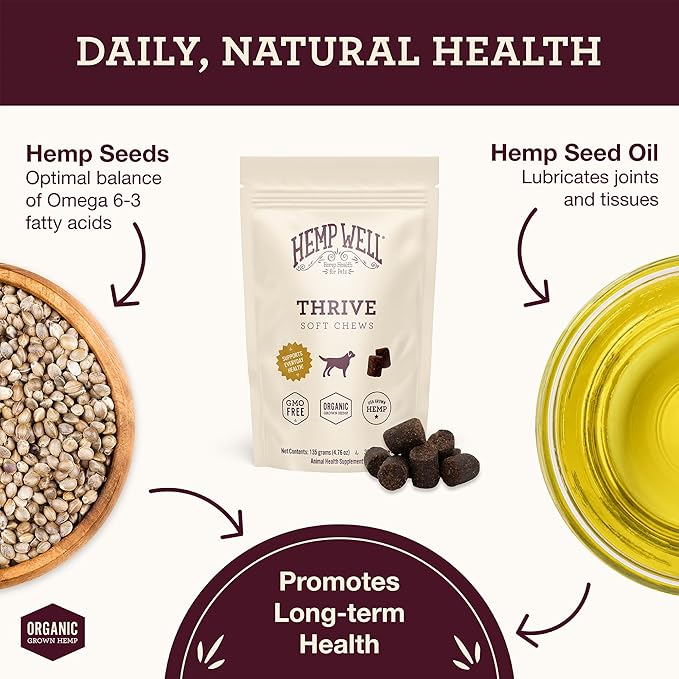 Hemp Well Thrive Chews for Dogs  Supports Healthy, Skin, Hip, Joint, and Heart Health, Promotes Immune Support, Fights Seasonal Allergies, Organically Sourced  30 Count