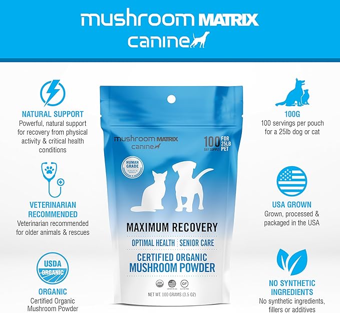Om Mushroom Matrix Pet - Canine | Maximum Recovery | USA Grown Human-Grade Organic Mushroom Powder Pet Supplement | Optimal Health & Senior Care for Dogs & Cats | 100 Grams, 3.5 oz