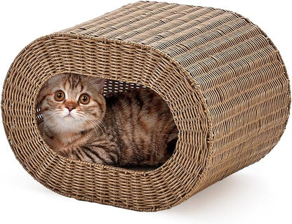 Cat House,Handwoven Cat Cave Pet Cube, Rattan Cat Beds Indoor Kitten House with Double-Sided Soft Cushions, Pet Cat House for Multiple Cats, for Living Room Bedroom