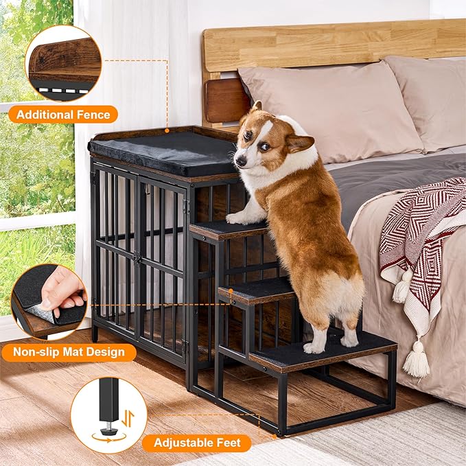Snughome Dog Crate Furniture with Stairs, 41.73‘’ Wooden Dog Kennel Indoor with Double Doors, Furniture Style Dog Crate with Cushion for Dogs, Heavy Duty Dog Cage for Small/Medium Dogs, Rustic Brown