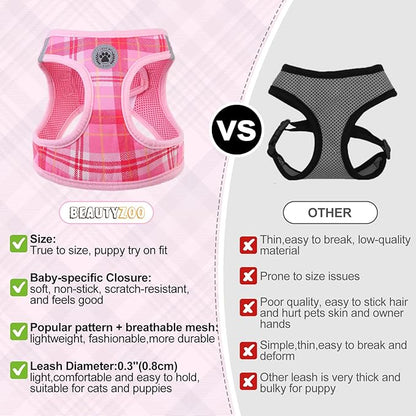 BEAUTYZOO Small Dog Harness and Leash Set, Step in No Chock No Pull Soft Mesh Dog Harnesses Reflective for Small Medium Puppy Dogs and Cats, Plaid Dog Vest Harness for S M Pets, Light Pink S