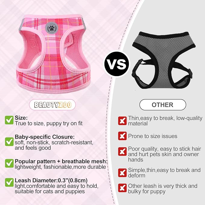 BEAUTYZOO Small Dog Harness and Leash Set, Step in No Chock No Pull Soft Mesh Dog Harnesses Reflective for Small Medium Puppy Dogs and Cats, Plaid Dog Vest Harness for S M Pets, Light Pink XS