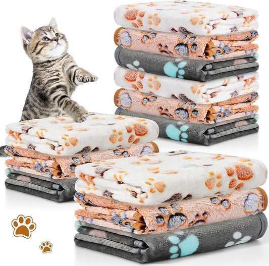 Tegeme 12 Pieces Pet Blanket Soft Fleece Dog Fluffy Doggie Warm Felt Throw Spring Cute Paw Print Puppy Kitten Sleep Mat Bed Covers for Cat(23 x 16 Inch,Dark Gray, White, Camel)