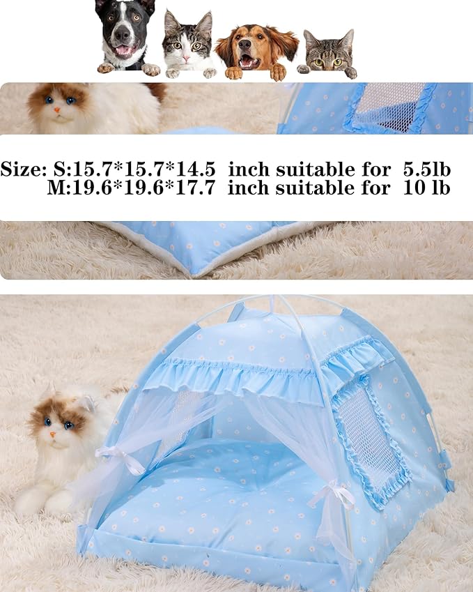 Cat Princess Bed Tent House - Kitty Cute Tent Indoor,Small Dog House Indoor/Outdoor Cave Nest Bed Small Dog Tent for Cat,Puppy Tent (19.6"x19.6"x17.7"/Blue)