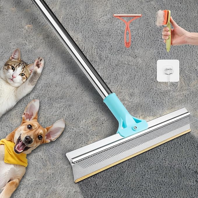 2 in 1 Carpet Rake for Pet Hair Removal, Reusable Pet Hair Remover, 54 Adjustable Long Handle Cat Dog Carpet Rake Scraper, Dog Hair Rake Brush for Rugs, Mats, Couch, Furniture