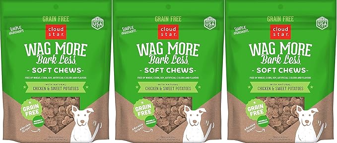 Cloud Star 3 Pack of Wag More Bark Less Soft Chews Dog Treats, 5 Ounces Each, with Chicken and Sweet Potato