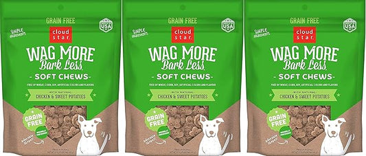 Cloud Star 3 Pack of Wag More Bark Less Soft Chews Dog Treats, 5 Ounces Each, with Chicken and Sweet Potato